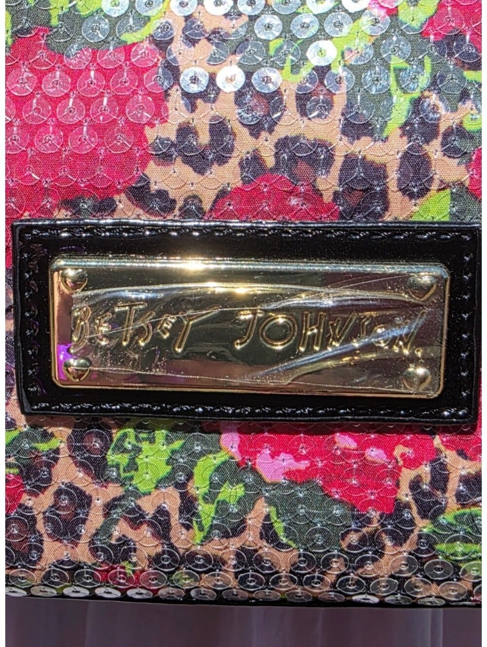Betsey Johnson Y2K Sequin Leopard Rose Satchel Shoulder Bag Patent Purse - Picture 6 of 15